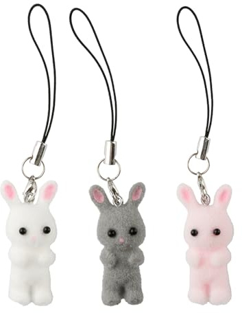 Bojueshaw 3pcs Cute Bunny Phone Charms,3D Felt Kitten Keychain,Kawaii Fluffy Pendant for Bag,Camera Decoration
