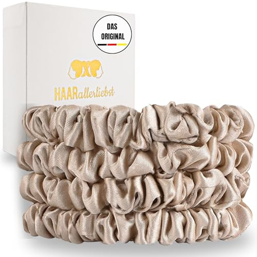 HAARallerliebst® 4er-Set 100% dünne Seide Scrunchie Haargummis mit Pappschachtel, Haargummi für jeden Tag, Haarpflege Scrunchies, ohne Haarschäden (beige, dünn)