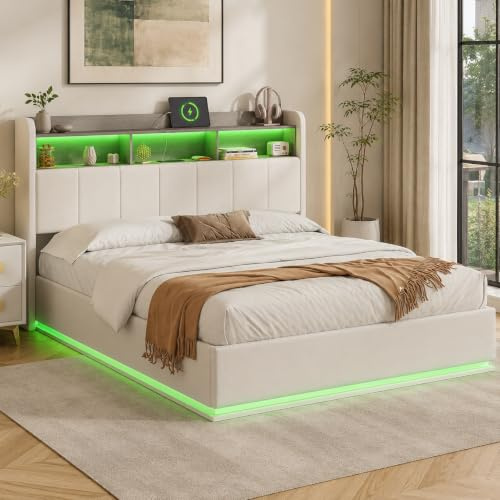 WOBOPCG Polsterbett Doppelbett 140x200,Hydraulisch Stauraumbett mit LED Stauraumbett mit Lattenrosten Doppelbett mit Stauraum Funktionsbett Bett mit Stauraum (Weiß+Flanell, 140x200)