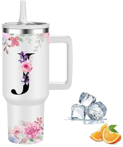 Thermobecher Personalisiert, Thermosbecher Kaffee to go Reisebecher mit Strohhalm,1.2l Edelstahl Trinkflasche Für Kohlensäurehaltige Getränke,Stylische Monogramm,Geschenke für Frauen und Männer(J)
