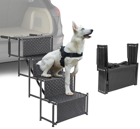 OUUTMEE 5-stegs hundbiltrappa, vikbar hundramp med halkfri yta, hundtrappa för små och stora hundar upp till 80 kg, för bilar och SUV:ar