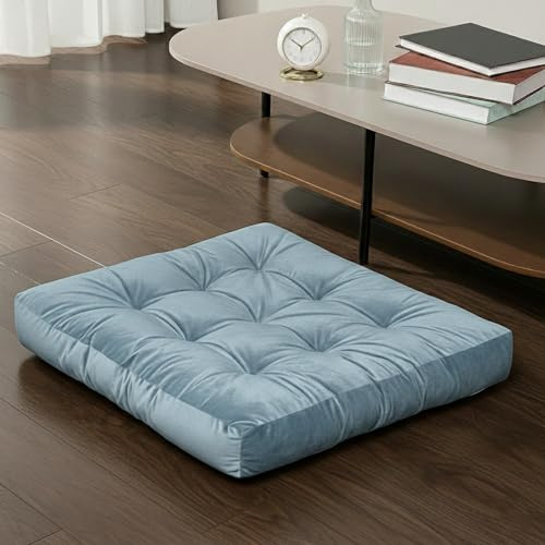 LUZIQOVE Velvet Floor Pillow,Square Large Pillows Seating for Adults, Tufted Cushions for Meditation, Yoga Tatami Living Room Chair Booster, Machine-Washable & Dryer-Safe, Pastel Blue, 22x22 Inch