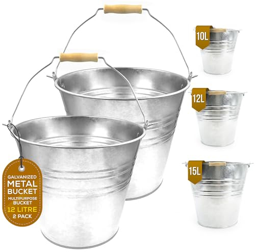 Strong Galvanized Metal Bucket Large Capacity 10L 12L 15L - Pack of 1 or 2 - Perfect for Water Fire Garden Ice Coal Cleaning etc (PACK OF 2, 12L)