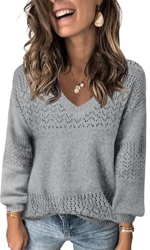 Fisoew Damen V-Ausschnitt Strickpullover Langarm Gerippte Pullover Leicht Häkelpullover Casual Sweater,Grau,S