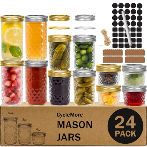 CycleMore Lot de 24 bocaux Mason en verre avec bandes et couvercles, parfaits pour confiture, miel, cadeaux de mariage/douche, pots à épices et bricolage – 113,4 g x 8, 226,8 g x 8, 340,2 g x 8 (113,4