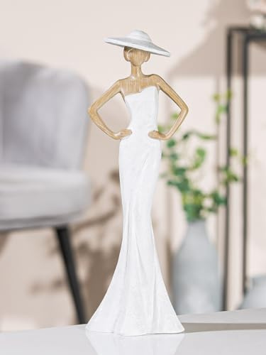 MF Solana Deko-Figur, Elegante Frau mit Hut, Kunstharz in Weiß und Holzoptik, 30 cm Höhe