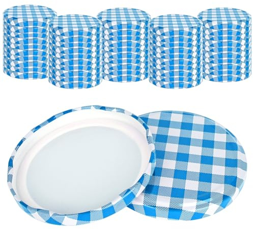 YHNDECO Lot de 50 Couvercles à Visser, Couvercle Pot Confiture 82mm, Carreaux Bleu/Blanc, Couvercles pour Pots de Confiture, Bouchons à Vis pour Bocaux de 230/350/435 ml/565 ml