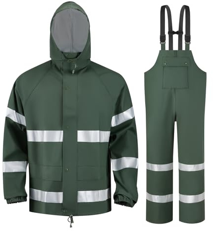 Crivce Rain Suits for Men Waterproof Heavy Duty,Reflective Rain Gear Jacket and Bib Overalls for Outdoor Fishing Construction Green XL