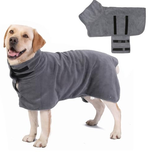 Schnell Trocknender hundebademantel aus Mikrofaser Ultra Saugfähiger bademantel hund mit Klettverschluss, Verstellbarem Gummizug, Maschinenwaschbar, Ideal für Kleine, Mittlere & Große Hunde, Grau (L)