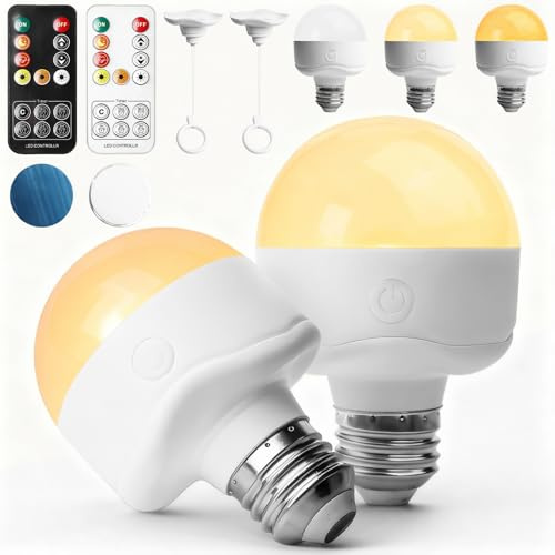 Behogan 2 bombillas recargables, bombilla LED E26 con base magnética, gancho y mando a distancia, 3 colores de temporización, 1,5 W USB inalámbrico para iluminación de emergencia y decoración