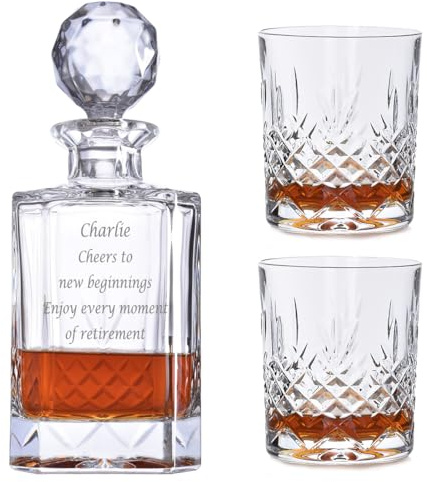 Personalised Buckingham Square Crystal Decanter and 2 Matching Whisky tumblers, 24% Lead Crystal, Supplied in Presentation Box, Quality Glassware Gift Engraved with Your own Words.