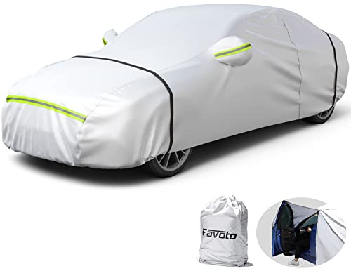 Favoto Autoabdeckung Wasserdicht Winddicht Staubdicht UV-Schutz Vollgarage für Limousine 435–470 cm Silber Autoplane Ganzjahres Autohülle Winter & Sommer