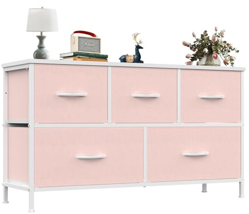 OLIXIS Dresser for Bedroom with 5 Drawers, Wide Chest of Drawers, Fabric Bedroom Dresser with Drawer Organizer, Storage Organizer Unit with Fabric Bins for Closet, Living Room, Hallway, Pink