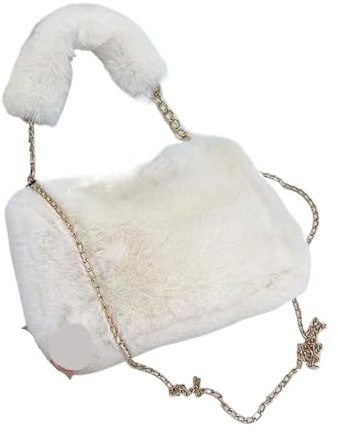 Fluffig tygväska kvinnor fluffiga axelväskor kvinna vinterkedja underarmsväska enfärgad handväska mjukt plyschhandtag, BEIgE, En Storlek