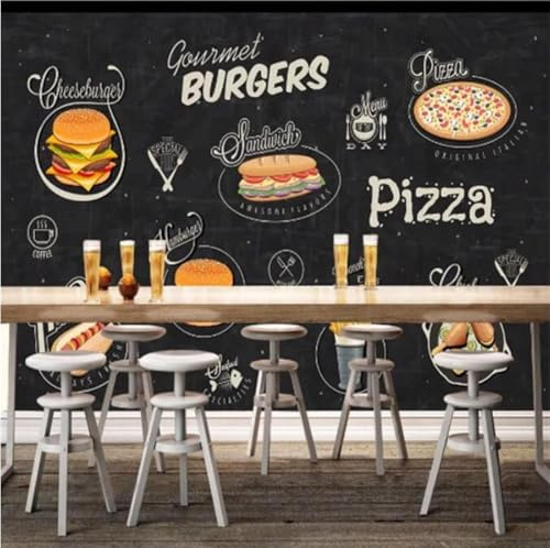 XLMING Kreidetafel Kreativ Burger Pommes Pizza 3D Tapete Premium Strukturierte Seide Speisesaal Arbeitszimmer Wohnzimmer Schlafzimmer Sofa TV Wand-430cm×300cm