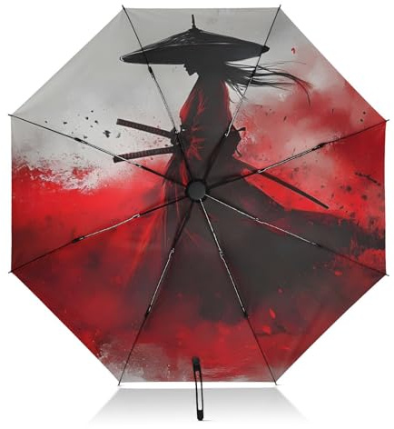 peiyeety Samurai Red Katana Cool UV-Schutz-Regenschirm, kompakt, für Regen und Sonne – automatisches Öffnen und Schließen, UPF 50+, windfest, tragbar, 46 cm, für Damen und Herren