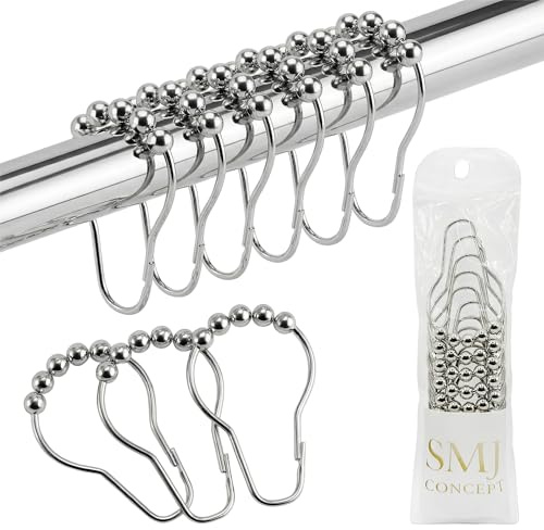 Anneaux Rideau de Douche INOX – Lot 12 Crochets Antirouille Billes de Glissement – Compatible Tringles 25-32mm – Installation Facile – SMJ Concept (ArgentChrome)