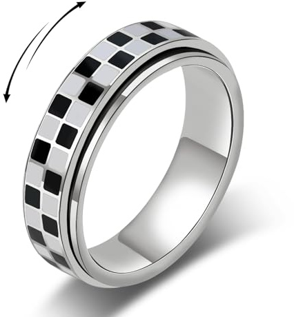 MIYUEFAN Anti-Angst Spinner Ringe für für Damen Herren, Edelstahl Roller Ringe Anxiety Schwarz-Weiß Karierter Schmuck für Frauen Stress Abbauen (Silber, 7)