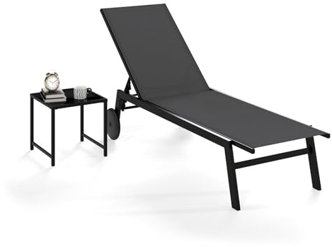 COSTWAY Lettino Prendisole da Giardino con Tavolino, Schienale Rgolabile 5 Livelli, 2 Ruoti, Sdraio da Patio in Tessuto Traspirante, per Piscina Terazza, Portata 150+50 kg (Grigio)