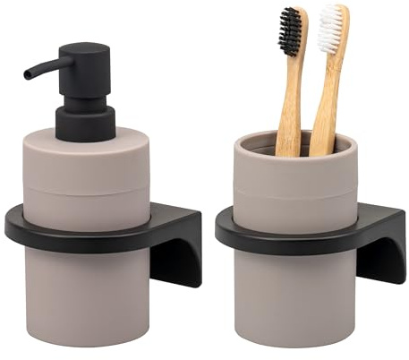 bremermann Badezimmer-Set Savona mit Soft-Touch Oberfläche inkl. Wandhalterung zum Kleben oder Bohren, rundes Bad-Accessoires Set 2tlg. aus 1x Seifenspender und 1x Becher aus Kunststoff (Taupe)