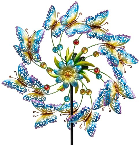 formano Windrad Schmetterlinge Garten Metall bunt kugelgelagert Windspiel Ø 47 cm / 131 cm mit Acryl-Steinen & Erdspieß | Wetterfeste Gartendeko für Beet, Rasen & Terrasse | Vogelabwehr