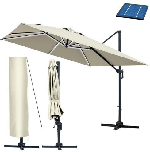 BRAST Alu Sonnenschirm Ampelschirm | 3x3m rechteckig | 4 Modelle | wahlweise mit LEDs | inkl. Schützhülle | UV-Schutz 50+ | wetterfest rostfrei 360° | drehbar & höhenverstellbar | Beige + LEDs