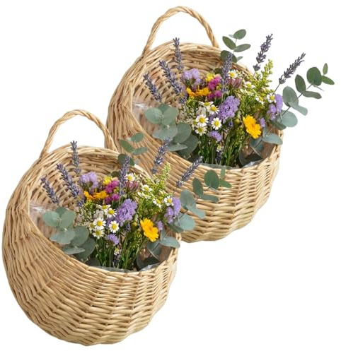 Rattan Wall Basket 2-Pack Woven Hanging Basket with Waterproof Liner, Small Wicker Planter for Indoor Wall Decor and Storage