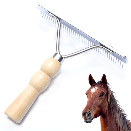 Cepillo para crines y cola de caballo, cepillo para caballos de acero inoxidable con mango de madera, práctico peine rastrillo que ahorra mano de obra para el cuidado de perros u otros animales