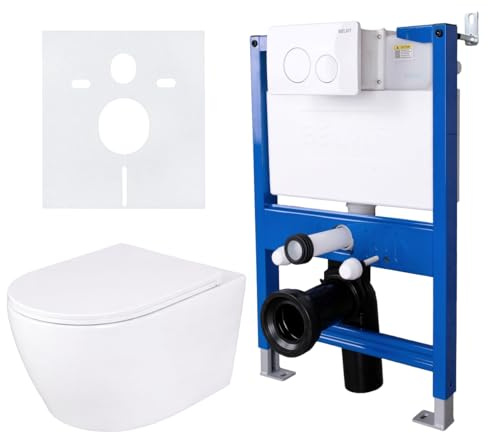 Belvit Wand WC Komplettset, Weiß, 75-82 cm | mit Vorwandelement, spülrandloses Hänge WC, Softclose Sitz, Unterputz Spülkasten, Drückerplatte