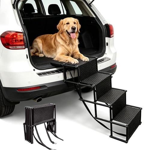 Foldable 4 Step Dog Stairs for Cars, Portable Pet Ladder with Non-Slip and Waterproof Surface, Supports Up to 80KG, Black Oxford Cloth
