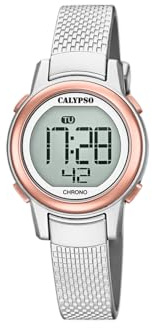 CALYPSO Reloj Digital Mujer de Caucho Plateado - Cristal de Alta Resistencia - Resistente al Agua 10 ATM Fecha y Calendario, Cronógrafo, Doble Horario, Luz, Alarma, 12 y 24 Horas K5736/2