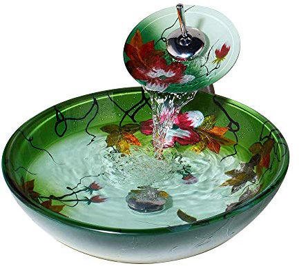 MEKKHALA Green Glass Vessel Sink With Faucet and Drain 17 inch Round Tempered Glass Bathroom Basin Lotus Sinks Top Mount Sink Bowl For Vanities