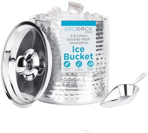 BirdRock Home Ice Bucket with Scoop & Lid - 2.8 Liter Hammered 18/8 Stainless Steel Container for Bar - Double Wall Insulated Bucket with Carrying Handle - Great for Parties - (Silver)