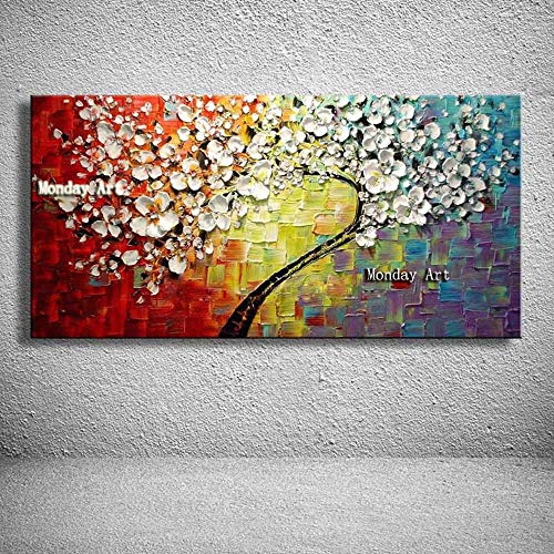 Pittura Ad Olio Su Tela Dipinto A Mano Con Coltello Palette,Quadri Astratti Con Texture Di Paesaggio,White Flowers Tree On Red Giallo E Blu ,Decorazione Moderna Europea Di Grandi Dimensioni Per S