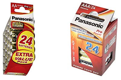 Panasonic Stilo Batterie Pro Power AA, Confezione 24, Rosso/Oro & Pro Power AAA/Micro /LR03 Batteria 24-Pack