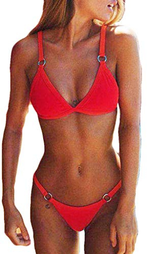 CheChury Maillot de Bain 2 Pieces Femme Sexy Taille Basse Bandage Bikini Bresilien Push Up Swimwear De Plage Taille Basse Brésilien String Bas de Bikini,Rouge-1,L