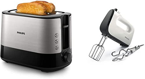 Philips HD2637/90 Toaster, Kunststoff, Schwarz/Edelstahl & HR3741/00 Handmixer (450 Watt, 5 Geschwindigkeiten plus Turbo) weiß/schwarz