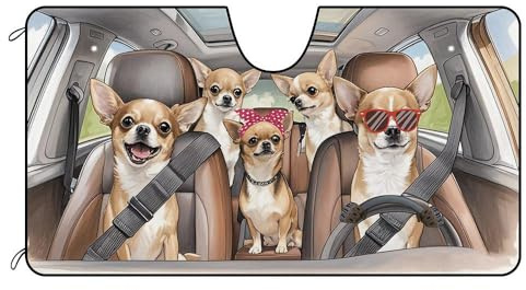 BAGEYOU Dog Car Front Windshield Sunshade Chihuahua Family Decor Vehicle Sun Shade Visor UV Ray Reflector Sun Protector, Keep Vehicle Cool, 55 x 30