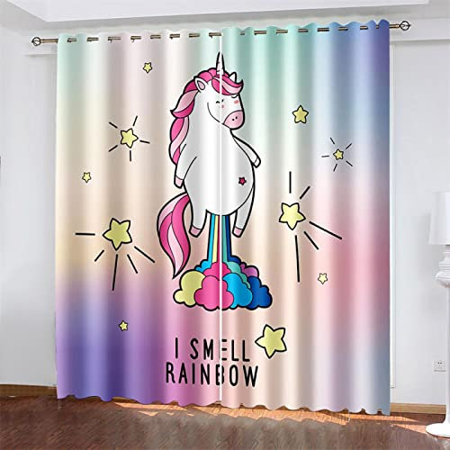 MTBDyyds Verdunkelungsvorhänge 3D Drucken 140X100Cm Cartoon Einhorn Sterne Verdunklungsvorhänge Kinderzimmer 2 Stück Vorhang Blickdicht Ösenschal Kindergardinen Junge Verdunklungsgardine