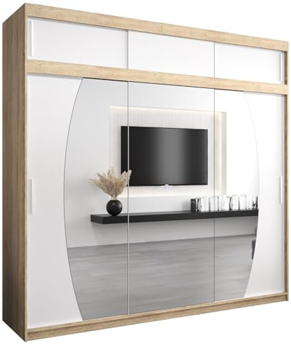 MEBLE KRYSPOL Elypse 250 Schlafzimmerschrank mit DREI Schiebetüren, Spiegel, Kleiderstange und Regalen – 250x240x62cm - Sonoma + Mattweiß mit Verlängerung