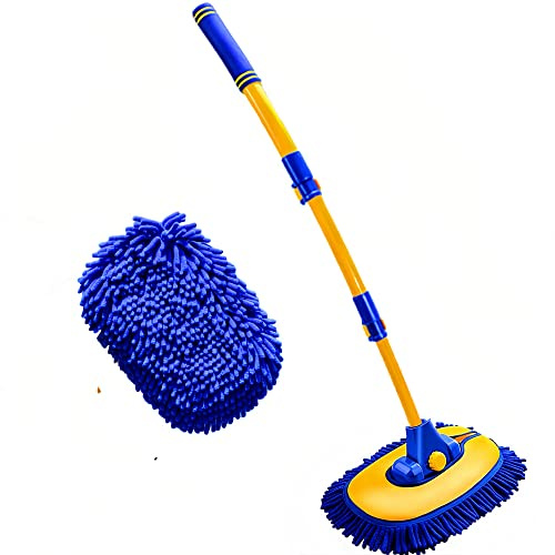Mveqrrn Upgrade Car Wash Brush with Long Handle,Car Wash Brush Car Cleaning Brush Kit Car Wash Mop Car Wash Brush with Telescopic Pole Car Washing Brush with Scratch-Free Replacement Head(Blue