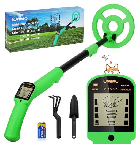 OMMO Metal Detector Kids, Adjustable Stem18.3''-37.8'' Metal Detector with LCD Display, Lightweight Kids Metal Detectors with 6'' Waterproof Coil, Gold detector for Beginners, Shovel, Rake, Green