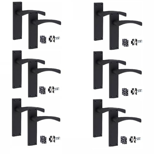 Golden Grace Victorian Scroll Astrid Door Handles Latch, Matt Black, 6 Sets | Includes 3-inch ball bearing hinges and a 64mm tubular latch in each pack, with 150mm x 40mm backplates for internal doors.