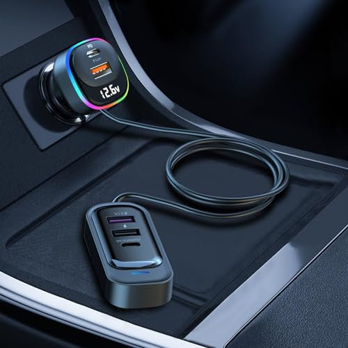 5 Port USB C Car Charger - 105W PD & QC3.0 Cigarette Lighter Adapter - 12V/24V USB Socket - iPad/iPhone/Samsung Galaxy/Google Pixel/Macbook