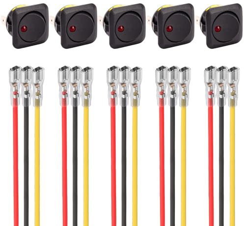 ETOPARS 5 Pièces 12V 25A Interrupteur à Bascule Rond Rouge LED Lumière Interrupteur à Bouton Poussoir 25mm Étanche Voiture Interrupteur Panneau ON/OFF 3 Broches Avec Câble