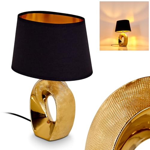 HOFSTEIN Tischleuchte Rovio, moderne Nachttischlampe aus Metall/Stoff in Schwarz,Gold Tischlampe mit Schirm in Stoff mit Lichteffekt, An-/Ausschalter am Kabel, Ø 19,5 cm, E14, Wohnzimmer, Schlafzimmer