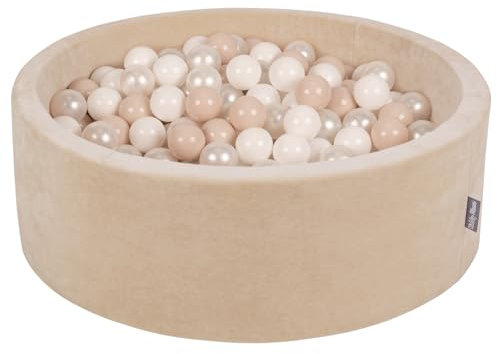 KiddyMoon Rund Bällebad Velvet Bällepool 90X30cm/200 Bälle ∅ 7Cm Ballgruben Für Babys Spielbad Kleinkinder, Sandbeige: Pastellbeige/Weiß/Perle