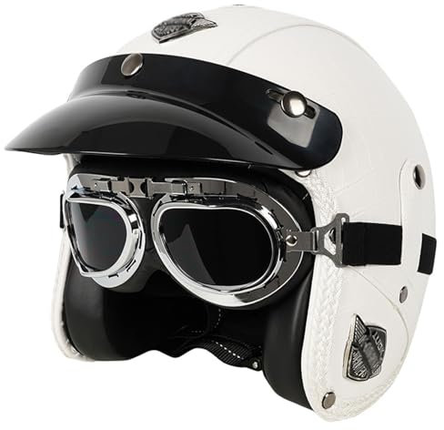 Leder-Jethelm Vintage-Motorradhelm Open Face Leder-Helm Winddichter Motorrad Roller Helm, Mit Brille, ECE Genehmigt Jethelm Für Damen Und Herren 6,XXL