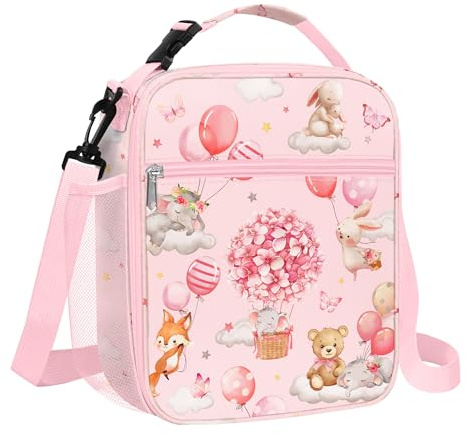 Clastyle Pink Insulated Kids Lunch Bag Large Thermal Cooler Bag for Girl Picnic School Lunch Box Tote,Balloon Animal