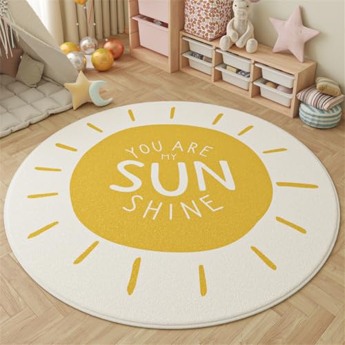 Viusneun Runde Teppiche Regenbogen Kinderteppich Boho Deko Waschbar Junge Mädchen Spielteppich für Babyzimmer Kleinkinderzimmer Wohnzimmer Schlafzimme (Sonne,100 * 100cm)